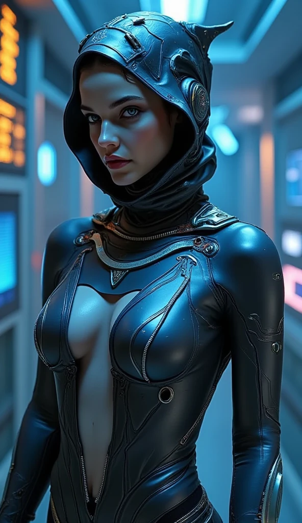 sexy woman, science fiction sexy costume, interior decor of a space ship