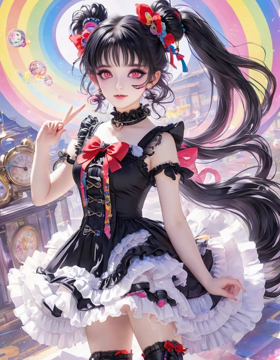  1 girl、 shoulder out、 black hair、 boots、chest、Clock Eye、Crossed String Footwear 、Sleeveless、 dress、 place your finger on your mouth 、Frillsの dress、Frills、whole body、gothic lolita、 headband、 rainbow heterochromia、 points your index finger against the background、ニー boots、編み上げ boots、 Lolita Fashion、ロリータ  headband、 long hair on background、 look at the viewer 、厚底 boots、赤い dress、 red eyes、smile、One person、 symbol pupil 、Tokisaki Kurumi、 Twin Tails 、不揃いな Twin Tails 、 yellow eyes