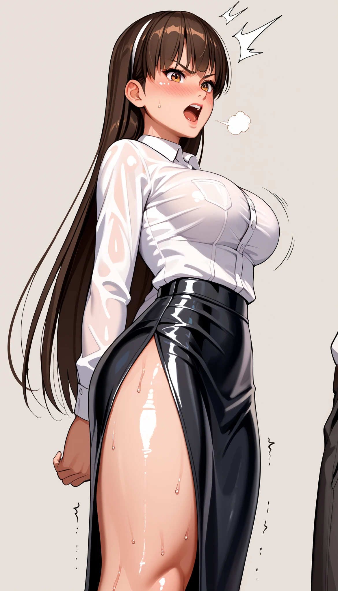 DOALeiFang, LeiFangDOA, gasp, {{{1 girl and 1 male}}}, {{{{ Man holding girl's thighs }}}}, shiny black leather tight long skirt with side slit, shiny white business shirt, arm-behind-back, {{ and bend your body backwards }}, OL, be breathless, sweat, sparkling sweat, trembling, long brown straight hair, breasts, [[angry]], blush, {anguish}, {{shameful}}, from side, from below,