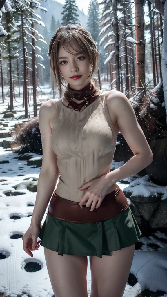 4k,  realistic ,  charismatic  , improvement, Ashley/RE 4 Remake  , ((( mini skirt ))), 20 years, cuerpo completo , (detail in the eyes), (Detail on the face),  incredibly beautiful  , blush, make up,  red lipstick  , (((beautiful forest and snowy background:1.2), :))), (((  wide hips))), (((  Very thick thighs  ))), (((juicy thighs))), ( small breasts :1.2), dress, thick and small lips,  seductive pose  , ( sexy smiling extreme hourglass figure  ), slender , ((( he is standing )))