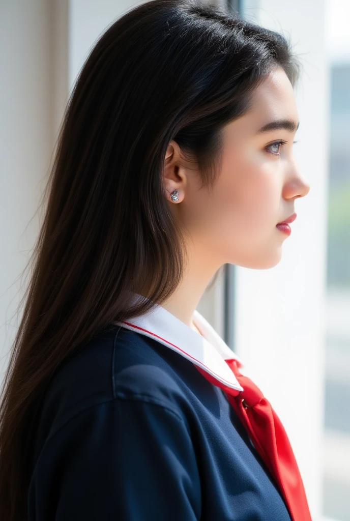 side view, a very lovely girl with long black hair, at age 15, she wears a dark blue tidy school uniform and white shirt with a vivid vow tie.,  no make up, the whiteness of her skin is accentuated., She in a bright room., bright natural light is illuminating on her face., high definition ,  Ultra Fine,  Textured Skin , masterpiece, 