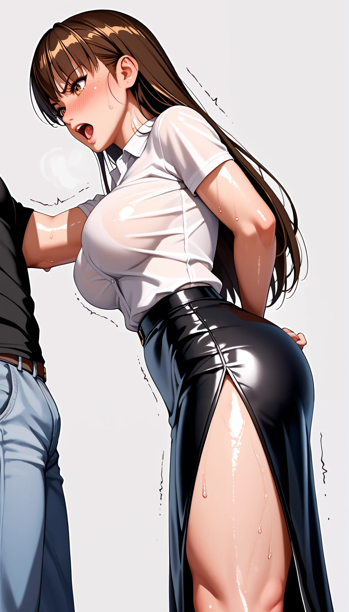 DOALeiFang, LeiFangDOA, gasp, {{{1 girl and 1 male}}}, {{{{ Man holding girl's thighs }}}}, shiny black leather tight long skirt with side slit, shiny white business shirt, arm-behind-back, {{ and bend your body backwards }}, OL, be breathless, sweat, sparkling sweat, trembling, long brown straight hair, breasts, [[angry]], blush, {anguish}, {{shameful}}, from side, from below,