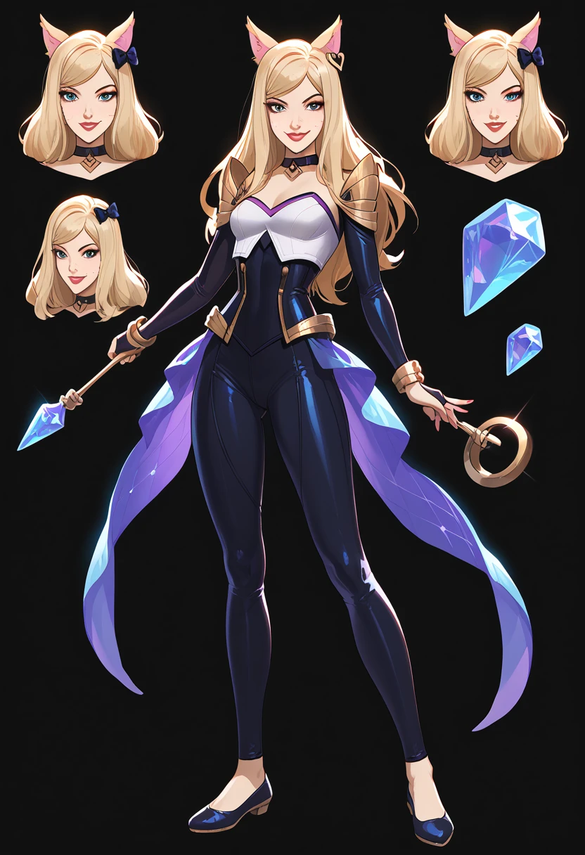 ((full body shot)) KDA Ahri LoL , ((character design sheet)), masterpiece, best quality, highly detailed, score_9, score_8_up, score_7_up, score_6_up, anime font,BREAK , 2girl, long hair, blue eyes, hair bow, small breasts, bow, looking at viewer, freckles, parted lips, smile, full body, red lips, lips, side front, she looks at you, your gauze hurts, fishnets, white background, neutral cast, dance pose, shoulder pads, dominatrix, leather ballet slipper , gold, gloves

