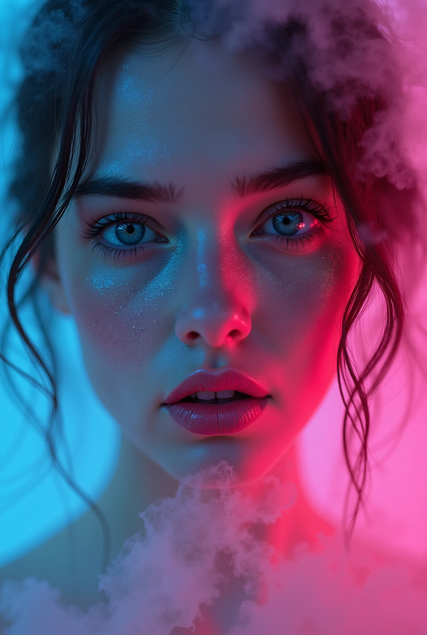 A steam-drenched neon dust female visage emerges, each feature vibrant yet somehow fading: the skin shimmers with ethereal neon hues, cloaked in a veil of mist. Tendrils of neon dust dance around her, creating an otherworldly aura that captivates the viewer. The image, likely a digital painting, perfectly captures the paradoxical beauty of a futuristic yet deteriorating world. This mesmerizing creation transcends reality, drawing viewers in with its hauntingly mesmerizing details.