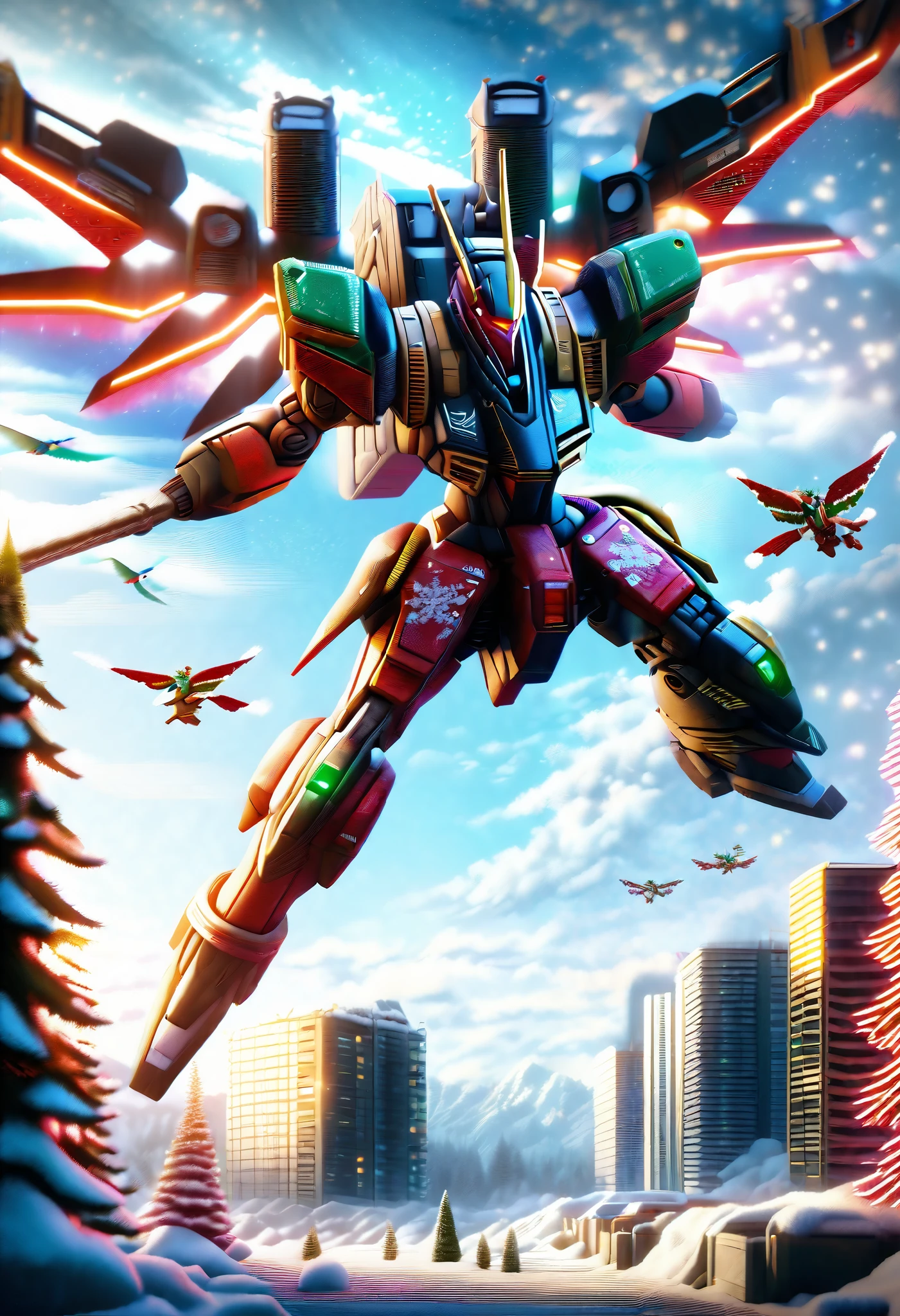 (LRS:1.5), (mecha flying in the sky:2), (flying:2),giant robot,reindeer robot,glowing eyes,be carrying a bag,Christmas trees,snow,winter,cityscape, neon lights, xmas,masterpiece, (best quality, 8k, ultra-detailed, photorealistic:1.4), very aesthetic, absurdres, depth of field, chromatic_aberration, dynamic_angle, highly detailed mechanical parts, intricate machinery, atmospheric lighting, cinematic composition, hyper-detailed textures,,ChristmasSweater