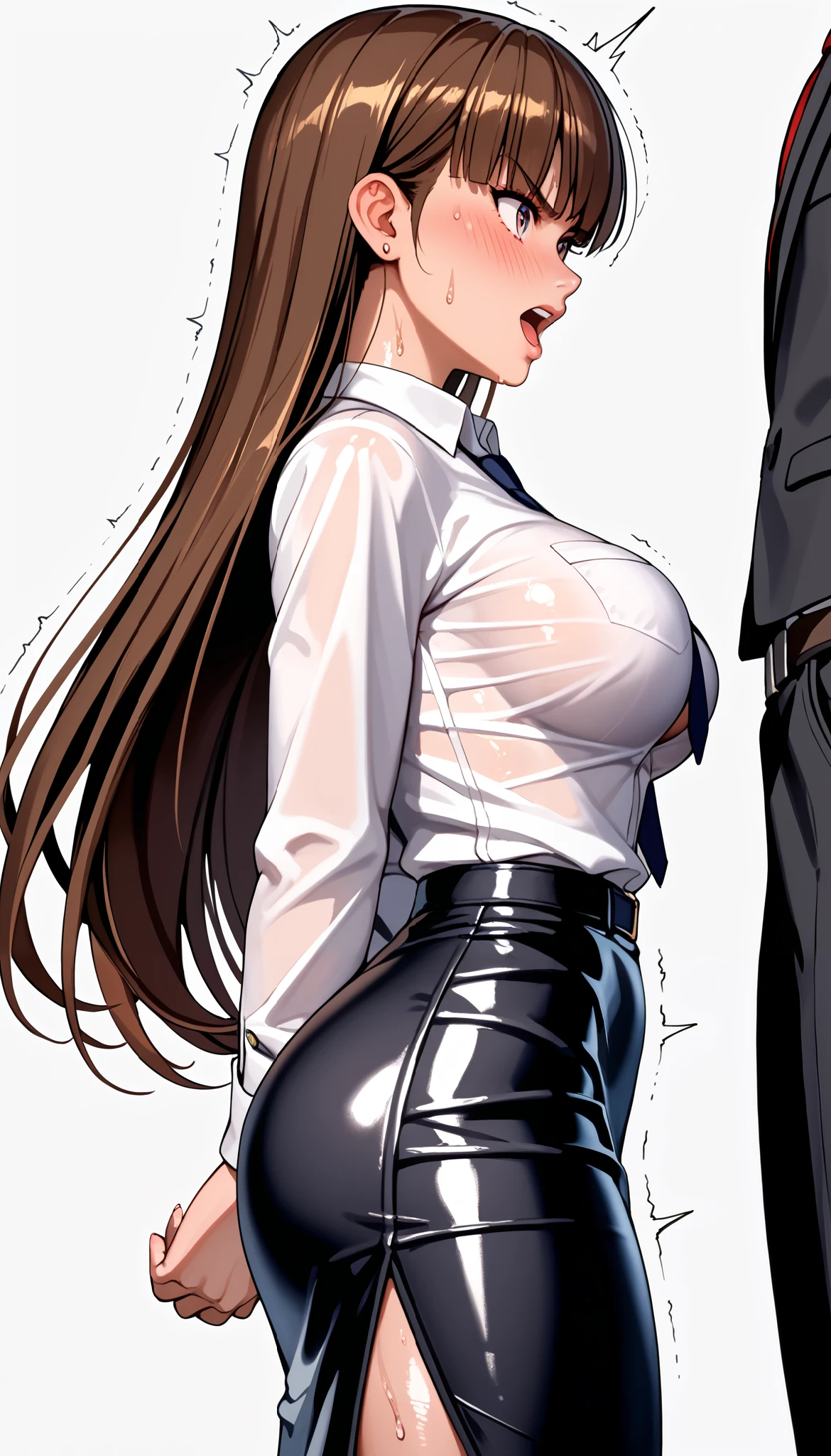 DOALeiFang, LeiFangDOA, gasp, {{{1 girl and 1 male}}}, {{{{ Man holding girl's thigh }}}}, shiny black leather tight long skirt with side slit, shiny white business shirt, arm-behind-back, {{ and bend your body backwards }}, OL, be breathless, sweat, sparkling sweat, trembling, long brown straight hair, breasts, [[angry]], blush, {anguish}, {{shameful}}, from side, from below,