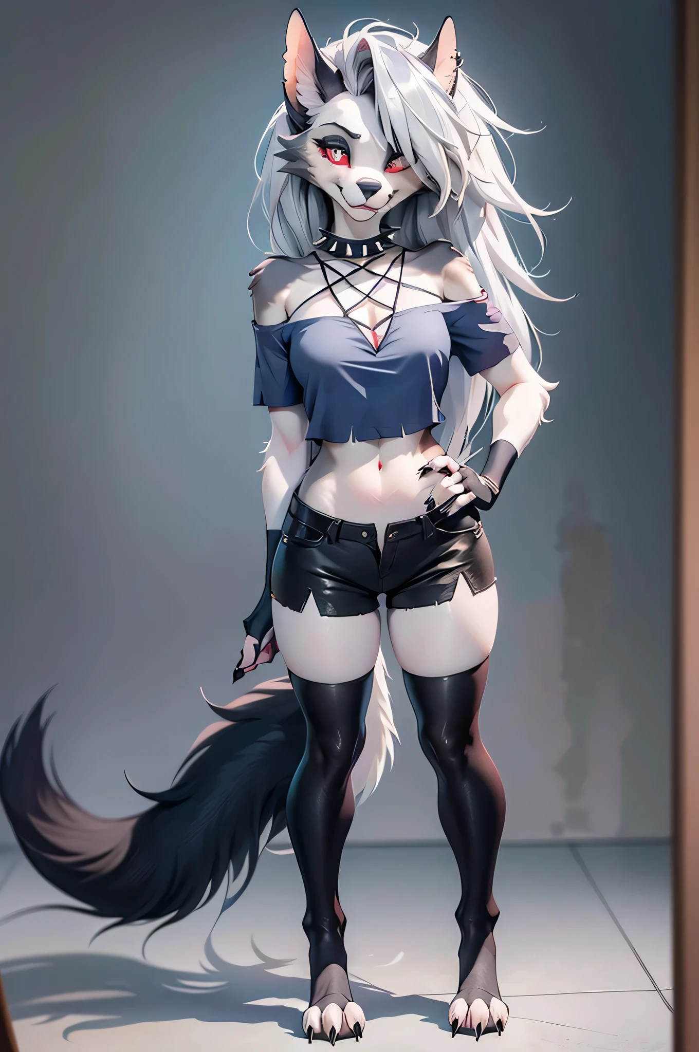 masterpiece, best quality, full body portrait of a female anthro loona hellhound, loonacroptop, detailed face, detailed eyes, (slit pupils, white eyes), red sclera, [smile, [spiked collar]], happy, fingerless gloves, shorts, digitigrade, standing

