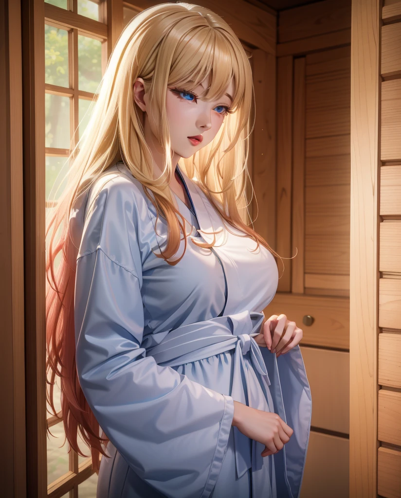 best quality, tmasterpiece,Ultra-high resolution,Clear face,（Reality：1.4），ferpect lighting，(full body), (photorealistic:1.50), anime wallpaper, Guviz style artwork, cover-up fantasy up to magic , by Yang J, Guviz, beautiful artwork illustration, beautiful digital artwork, beautiful digital illustration, Li Song, beautiful anime portrait, art style in Beauvot, 1girl, 独奏, animal ears, long hair, blonde hair, bangs, purple eyes, double eyelids, blush, Red cheeks, kimono, wide sleeves, super Giant breast:1.5, shagging breasts, indoor, room, standing,