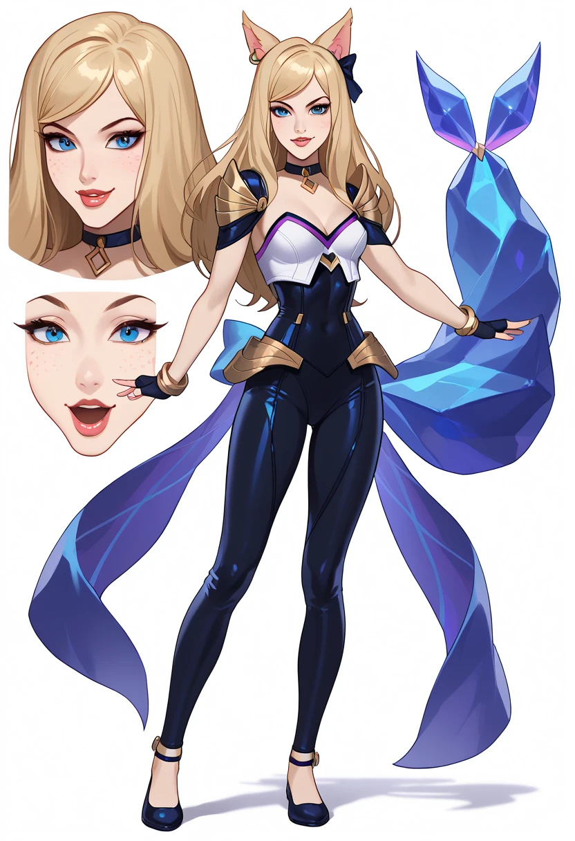 ((full body shot)) KDA Ahri LoL , ((character design sheet)), masterpiece, best quality, highly detailed, score_9, score_8_up, score_7_up, score_6_up, anime font,BREAK , 2girl, long hair, blue eyes, hair bow, small breasts, bow, looking at viewer, freckles, parted lips, smile, full body, red lips, lips, side front, she looks at you, your gauze hurts, fishnets, white background, neutral cast, dance pose, shoulder pads, dominatrix, leather ballet slipper , gold, gloves

