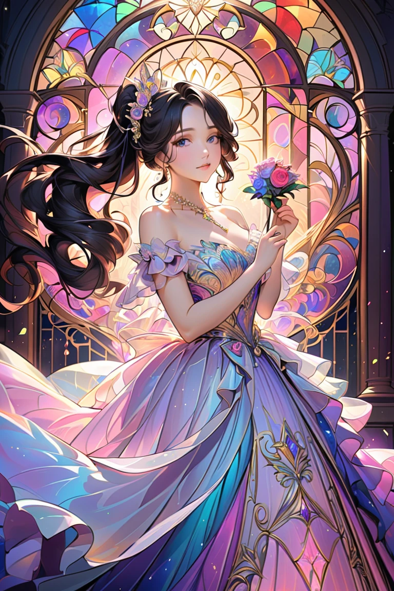 Dramatic composition, Layered decoration, Raffle,Luxurious stained glass , Roman Curl Hairstyle ,  diamond-like double ponytail, bangs, Spectacular backdrop, Detailed hair and eyes,  gorgeous princess dress,  Rose in hand, smile, Star Eyes ,  film light ,  extremely fine detail,  high definition ,  happy girl ,  long hair,  diamond necklace , Particles of light