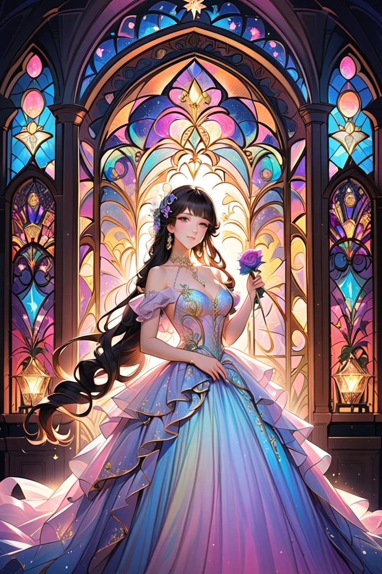 Dramatic composition, Layered decoration, Raffle,Luxurious stained glass , Roman Curl Hairstyle ,  diamond-like double ponytail, bangs, Spectacular backdrop, Detailed hair and eyes,  gorgeous princess dress,  Rose in hand, smile, Star Eyes ,  film light ,  extremely fine detail,  high definition ,  happy girl ,  long hair,  diamond necklace , Particles of light