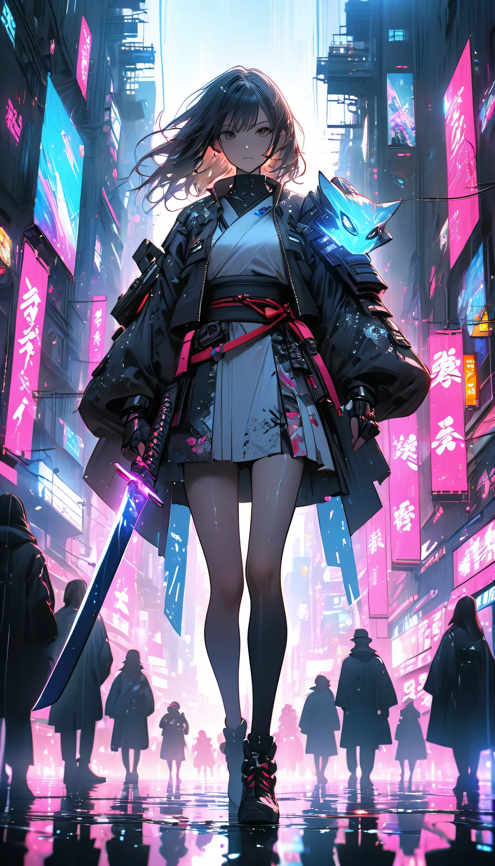   Cyberpunk-inspired scene with a lonely, futuristic female samurai  .   Characters wield a glowing sword that emits blue plasma light  ,  , and armor that combines stylish, modern technology with traditional samurai patterns will be introduced.  and the crowd of ,   The city shines bright pink when illuminated by neon  ,  Purple , and Blue.   Skyline Flying objects are scattered, vehicles and towering holograms  .   The dramatic lighting of the scene accentuates the misty mix  , spark,   and Reflections on Wet Surfaces  ,   Tension and Mysterious  .   negative image  :  Overly Dark Colors  ,  Crowded Composition  ,   Unclear Character Features  .