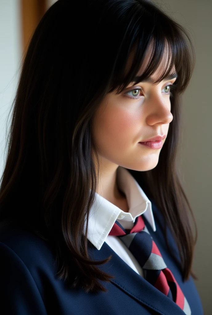 side view, a very lovely girl with long black hair, at age 15, she wears a dark blue tidy school uniform and white shirt with a vivid vow tie.,  no make up, the whiteness of her skin is accentuated., It highlights Jennifer Connelly's unique beautiful facial features., She in a bright room., bright natural light is illuminating on her face., high definition ,  Ultra Fine,  Textured Skin , masterpiece, 