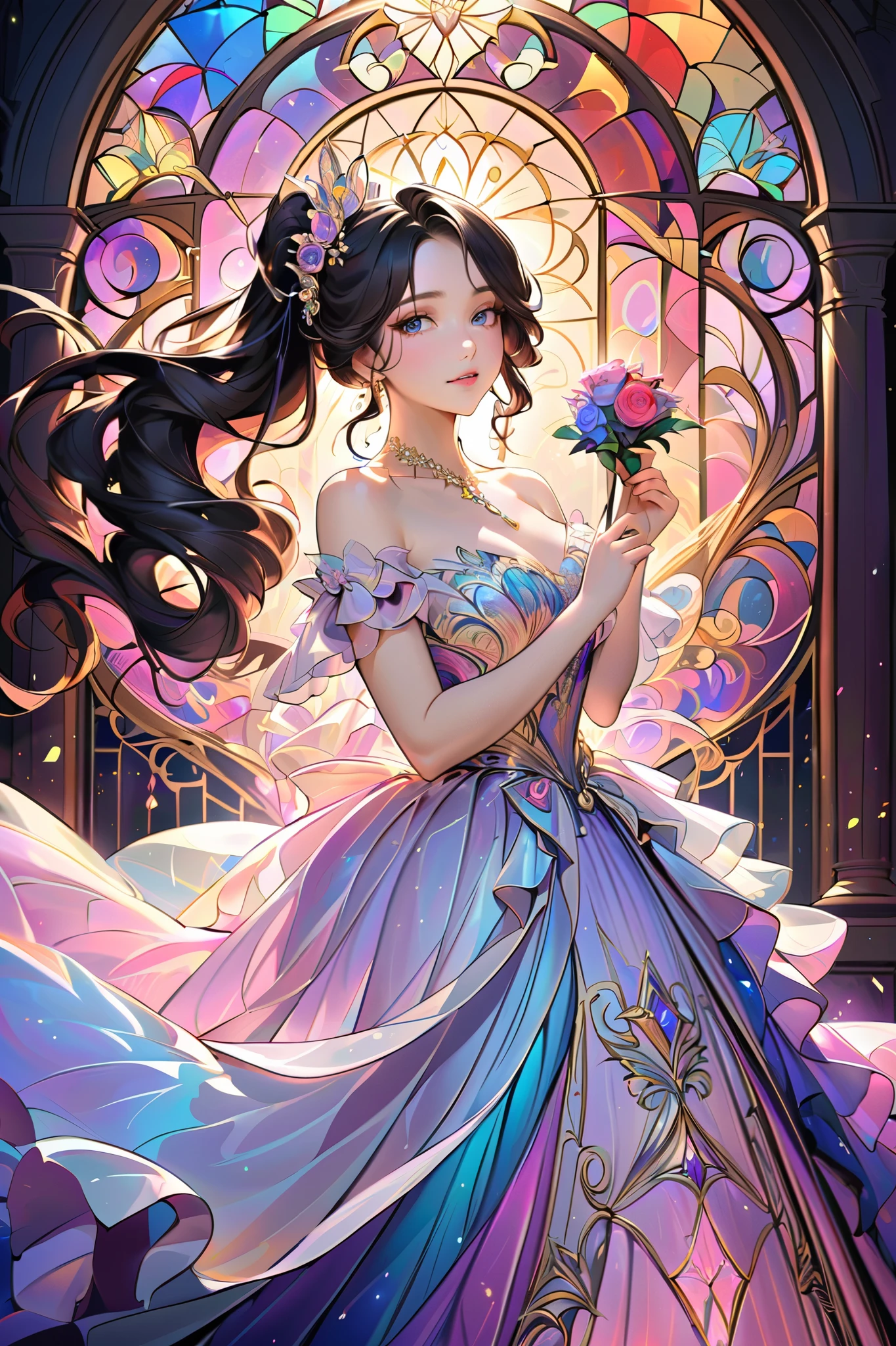 Dramatic composition, Layered decoration, Raffle,Luxurious stained glass , Roman Curl Hairstyle ,  diamond-like double ponytail, bangs, Spectacular backdrop, Detailed hair and eyes,  gorgeous princess dress,  Rose in hand, smile, Star Eyes ,  film light ,  extremely fine detail,  high definition ,  happy girl ,  long hair,  diamond necklace , Particles of light