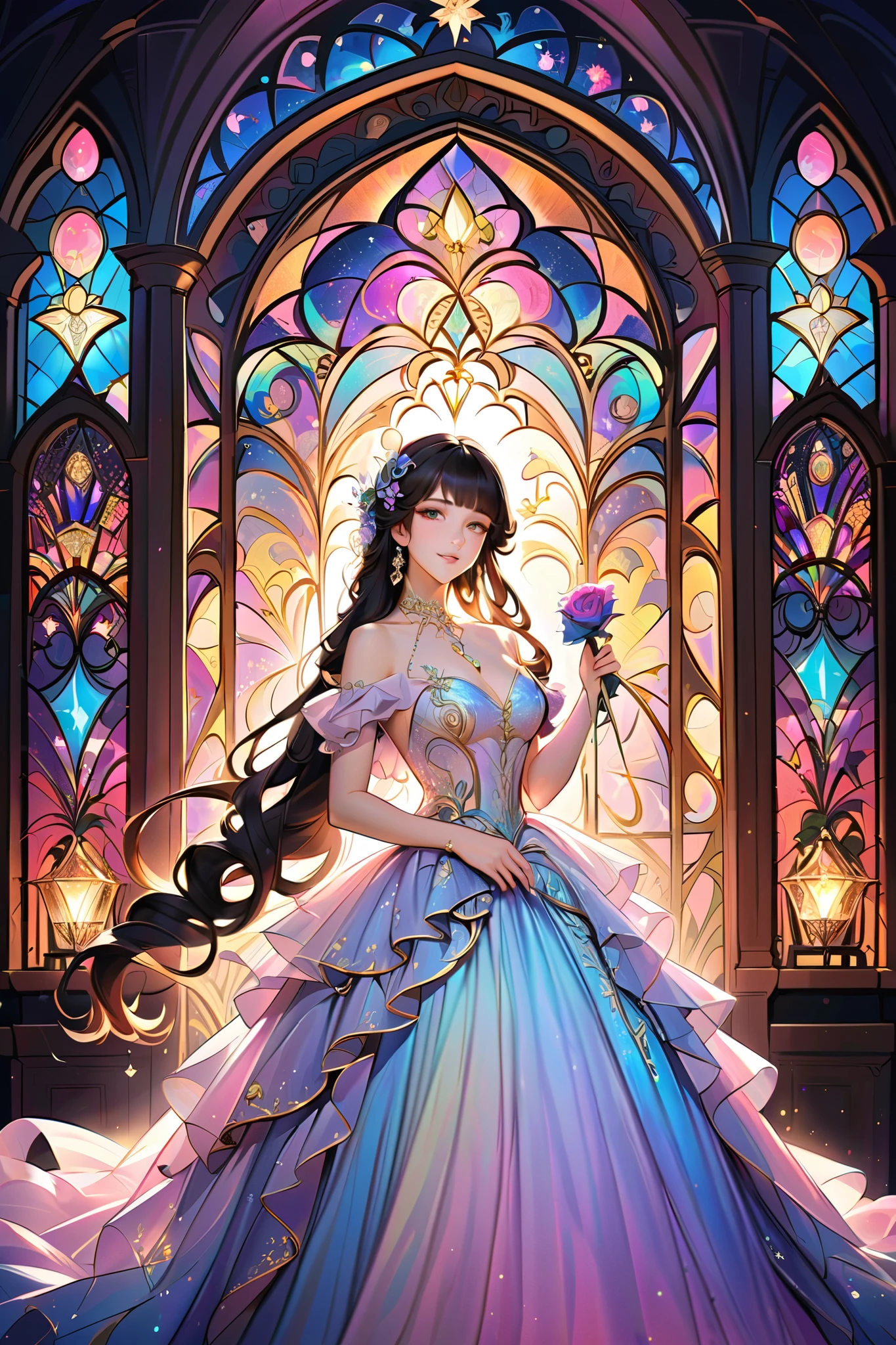 Dramatic composition, Layered decoration, Raffle,Luxurious stained glass , Roman Curl Hairstyle ,  diamond-like double ponytail, bangs, Spectacular backdrop, Detailed hair and eyes,  gorgeous princess dress,  Rose in hand, smile, Star Eyes ,  film light ,  extremely fine detail,  high definition ,  happy girl ,  long hair,  diamond necklace , Particles of light