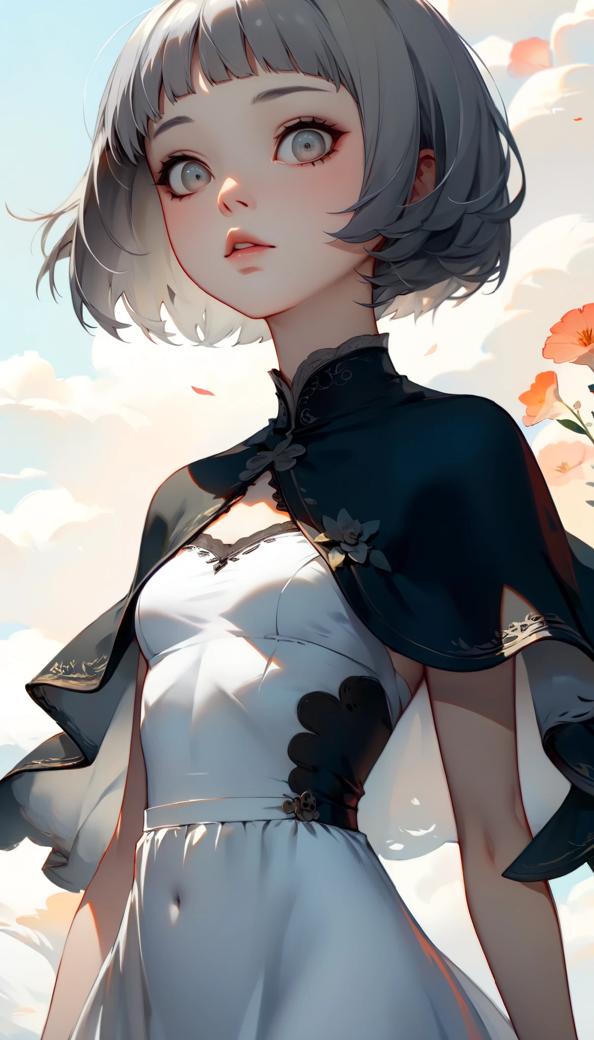 ((wallpaper 8k)), ((  surreal)), ((  Quality that shines with attention to detail:1.2)),   1 girl, １４、Kind eyes、    plump lips 、 gray hair 、Fatigue、(((  small breasts)))、Black Classy Dress  ,  black capelet  ,   looks up, Widespread poverty, (((   short bob、 gray hair :1.5)))、  white skin、 plain background