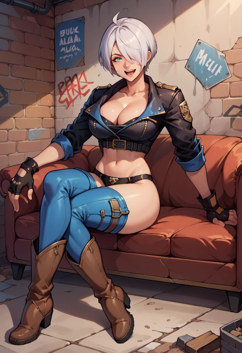 score_9, score_8_up, score_7_up, score_6_up, source_anime, BREAK masterpiece, AngelKOF, blue eyes, short hair, hair over one eye, cleavage, cropped jacket, fingerless gloves, midriff, chaps, panties, large breasts,black jacket, cowboy boots, sitting, crossed legs, looking at viewer, open mouth, smile, couch, concrete wall, graffiti,full body,