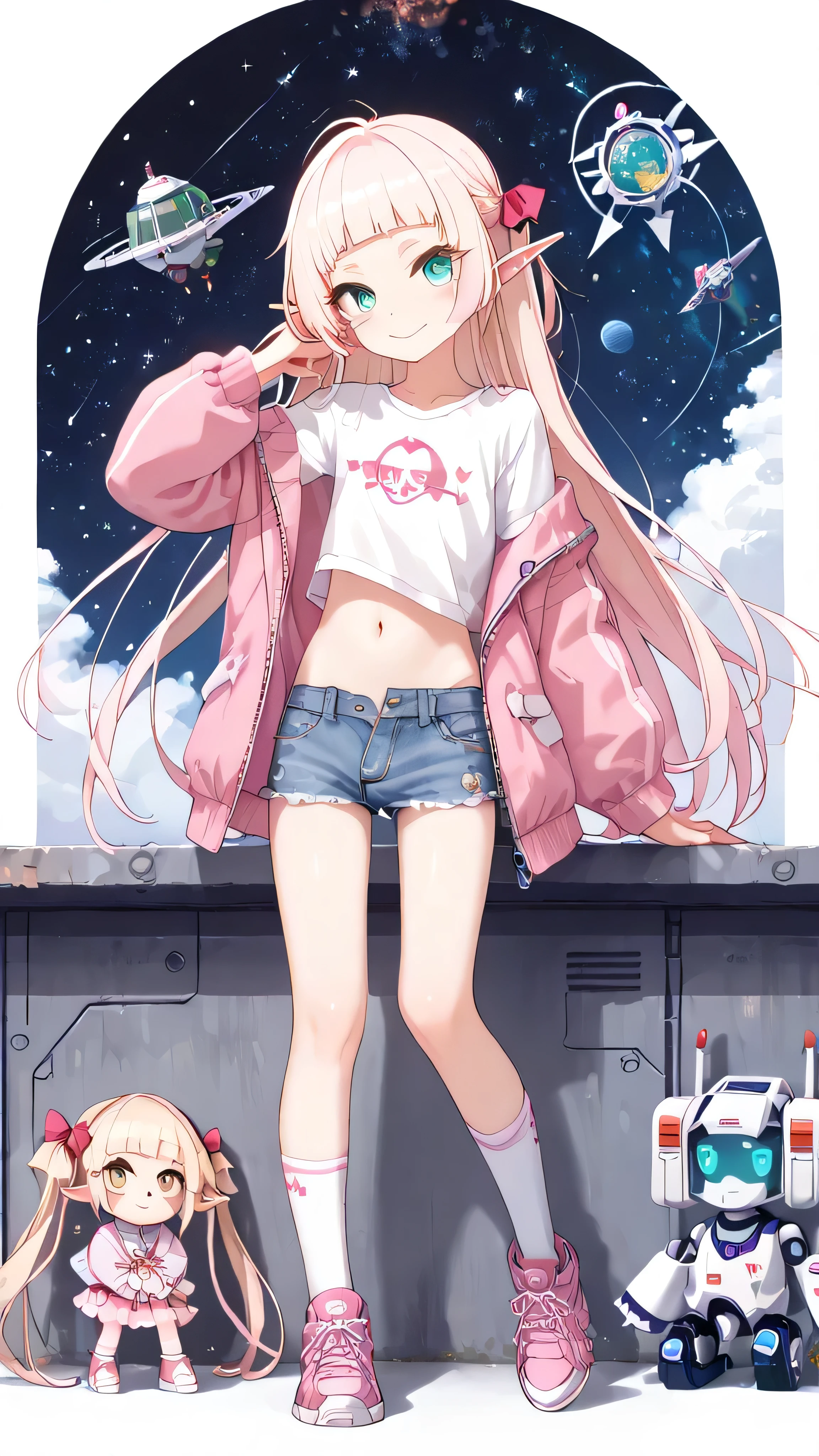 (((best quality))), (((masterpiece))), anime, space station(((a giant robot))), elf, 1 boy, otoko no ko, femboy, 17years old,  light_pink_longhair, turquoise_eyes, crossdressing, girly, casual jacket, t-shirt, short pants, focus navel, pink kneehighs, sneakers, space style wear, flat chest, looking at viewer, non censored, light smile, fullbody