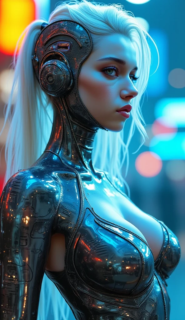 ((top-quality)), ((​masterpiece)), (detaileds:1.4), 。.。.3D, Beautiful Cyberpunk Woman Image,nffsw(HighDynamicRange),Ray traching,NVIDIA RTX,Hyper-Resolution,Unreal 5,Sub-surface scattering,PBR Texturing,Postprocess,Anisotropy Filtering,depth of fields,Maximum clarity and sharpness,multi-layer texture,Albedo and specular maps,Surface Shading,Accurate simulation of light-material interactions,perfectly proportions,Octane Rendering,Two-tone lighting,Wide aperture,Low ISO,White Balance,thirds rule,8K Raw,Circuit Board AI,Silver Body、Metallic body、Beautuful Women、Beautie、Erotic