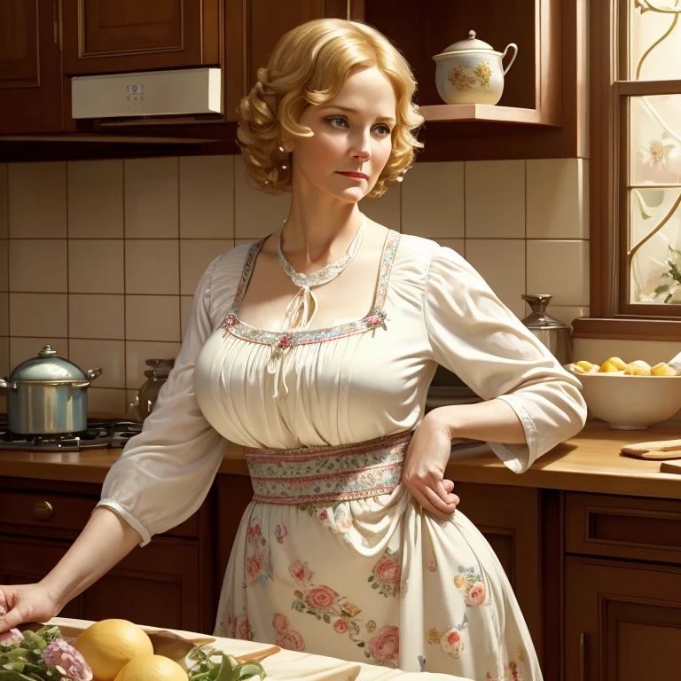  masterpiece , A mature 40-year-old woman,  short wavy hair up to her shoulders ,  blond hair, blue round eyes, rosy cheekbones,  full lips ,  round face ( gentle expression ) wearing a flowery and demure summer dress ,  covered by a kitchen apron with floral ornaments, Huge breasts,  Very Wide Hips ,  thick thighs , wearing sandals,  Beautiful and attractive young woman ,  soft and creamy skin tone ,  white Caucasian woman ,  style mature woman demure in the kitchen , religious woman, alone,  cinematographic lighting,  high resolution, by Alfons Mucha,