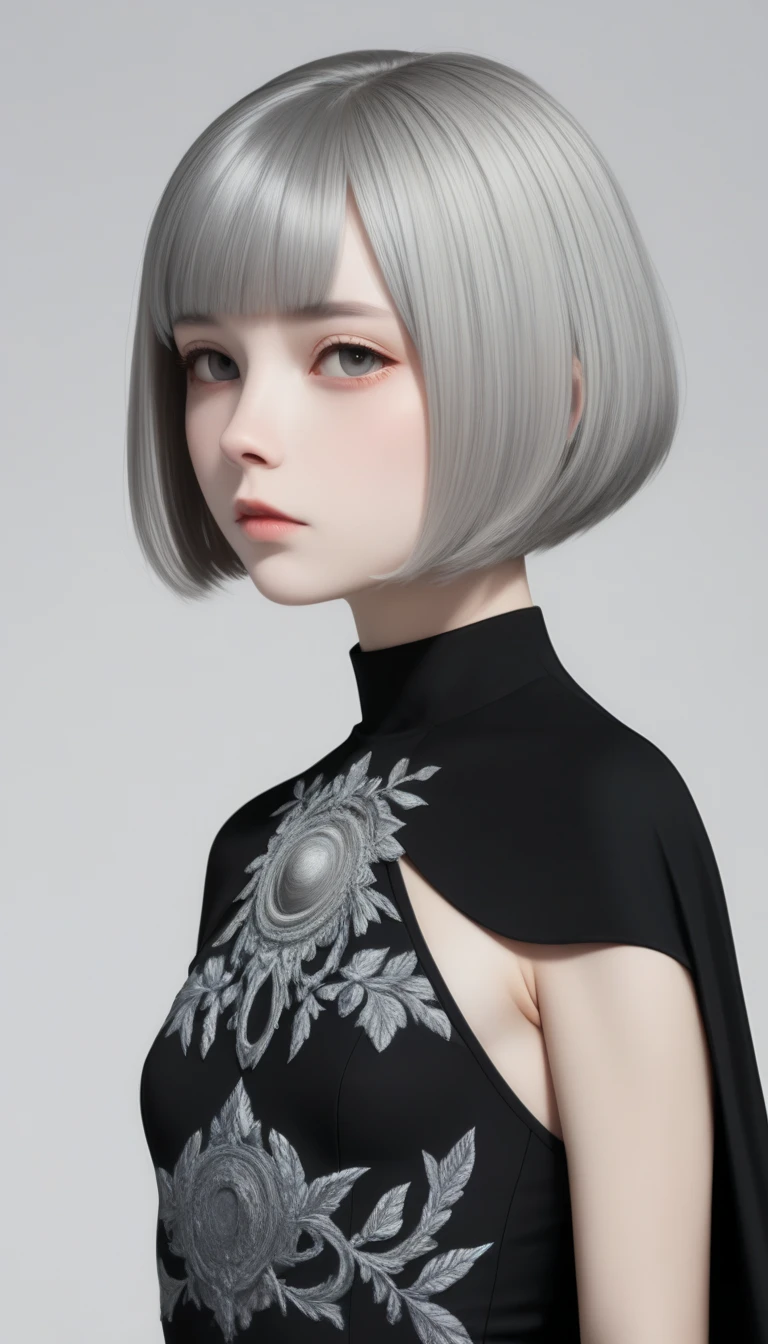 ((wallpaper 8k)), ((  surreal)), ((  Quality that shines with attention to detail:1.2)),   1 girl, １４、Kind eyes、    plump lips 、 gray hair 、Fatigue、(((  small breasts)))、Black Classy Dress  ,  black capelet  ,   looks up, Widespread poverty, (((   short bob、 gray hair :1.5)))、  white skin、 plain background