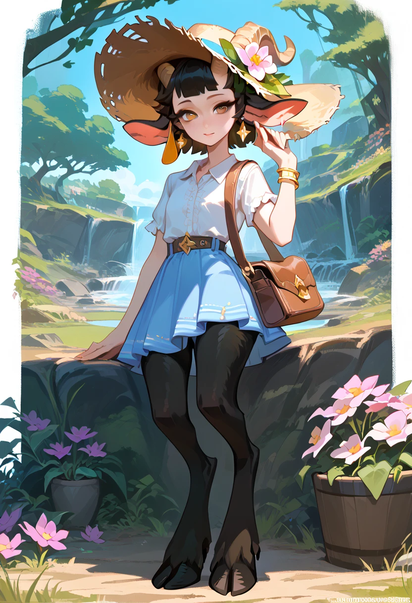 satyr, goat legs, hooves, goat tail, naked human torso, short tunic, short black hair, 2 horns, black skin, bracelets, brown leather bag, earrings, ((dynamic poses)), 1boy , boy , ((alone)) , flat chest, shirt with flower details, straw hat, light brown eyes, skirt with flower details, light blue skirt, long gold earrings