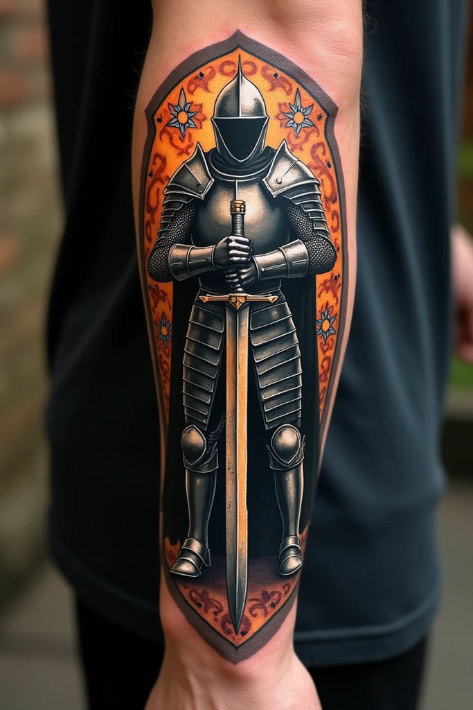 It should be a tattoo picture. A crusader from the Middle Ages with a child and a sword. The sign features a picture of exzodia from Yu-Gi-Oh. The knight should appear invincible with the shield 
