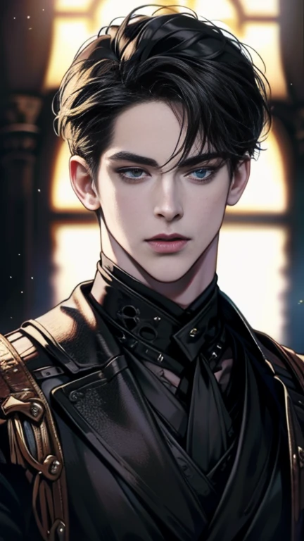 Black hair, blue eyes, muscled body, black hair, messy hair, undercut, expressionless, seductive smile, male, super detail, best quality, ccurate, masterpiece, anatomically correct