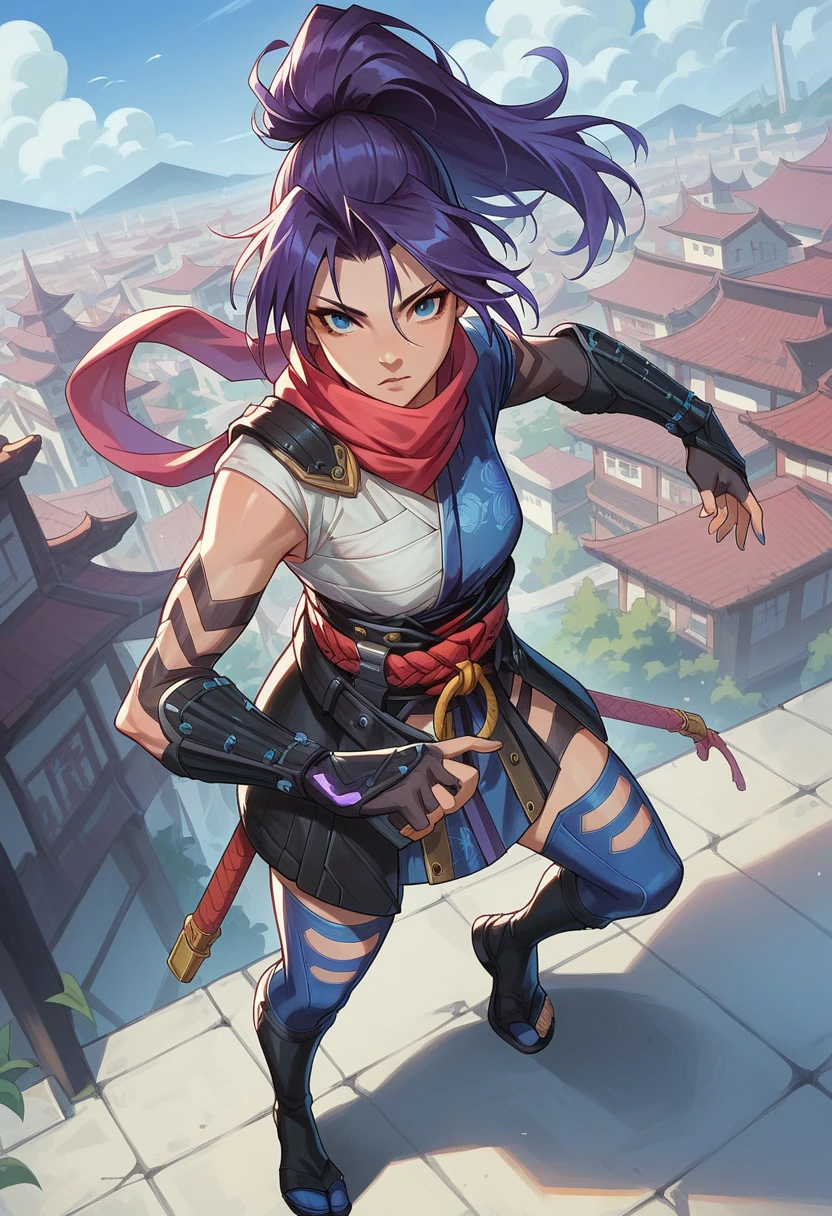 1girl, high ponytail, purple hair, blue eyes, ninja, sleeveless, scarf, asymmetrical clothes, japanese clothes, chest sarashi, obi, o-ring, gauntlets, fingerless gloves, thighhighs, toeless footwear, tabi, city background, sexy, showing booty, looking at viewer, score_9, score_8_up, score_7_up, score_6_up, score_5_up, score_4_up, BREAK source_anime, masterpiece