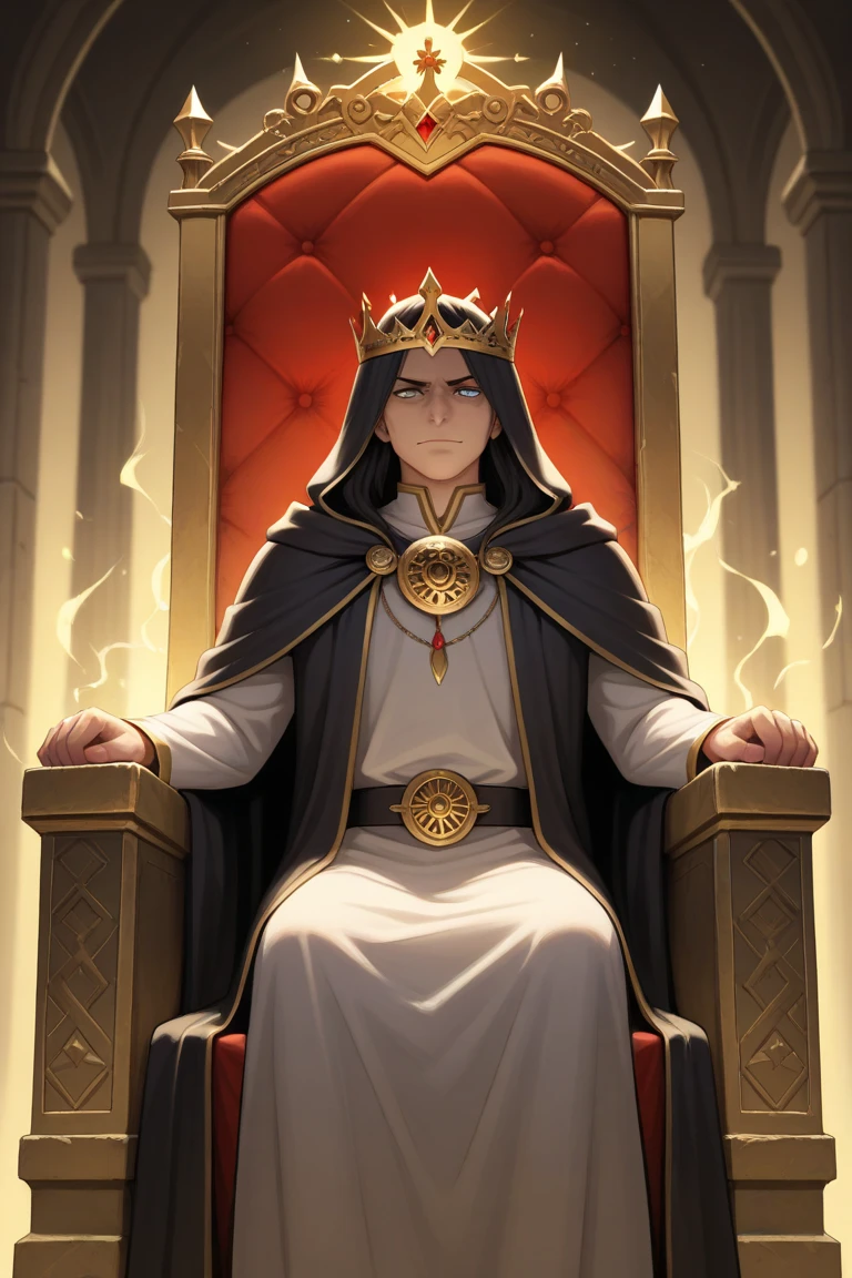  create an image for the cover of an anime-style book,  of a man sitting on a throne wearing king's robes , A golden crown ,  and two stone golems next to his throne ,  this king has to be imposing ,  with a golden aura around his body , He is the king of the golems 