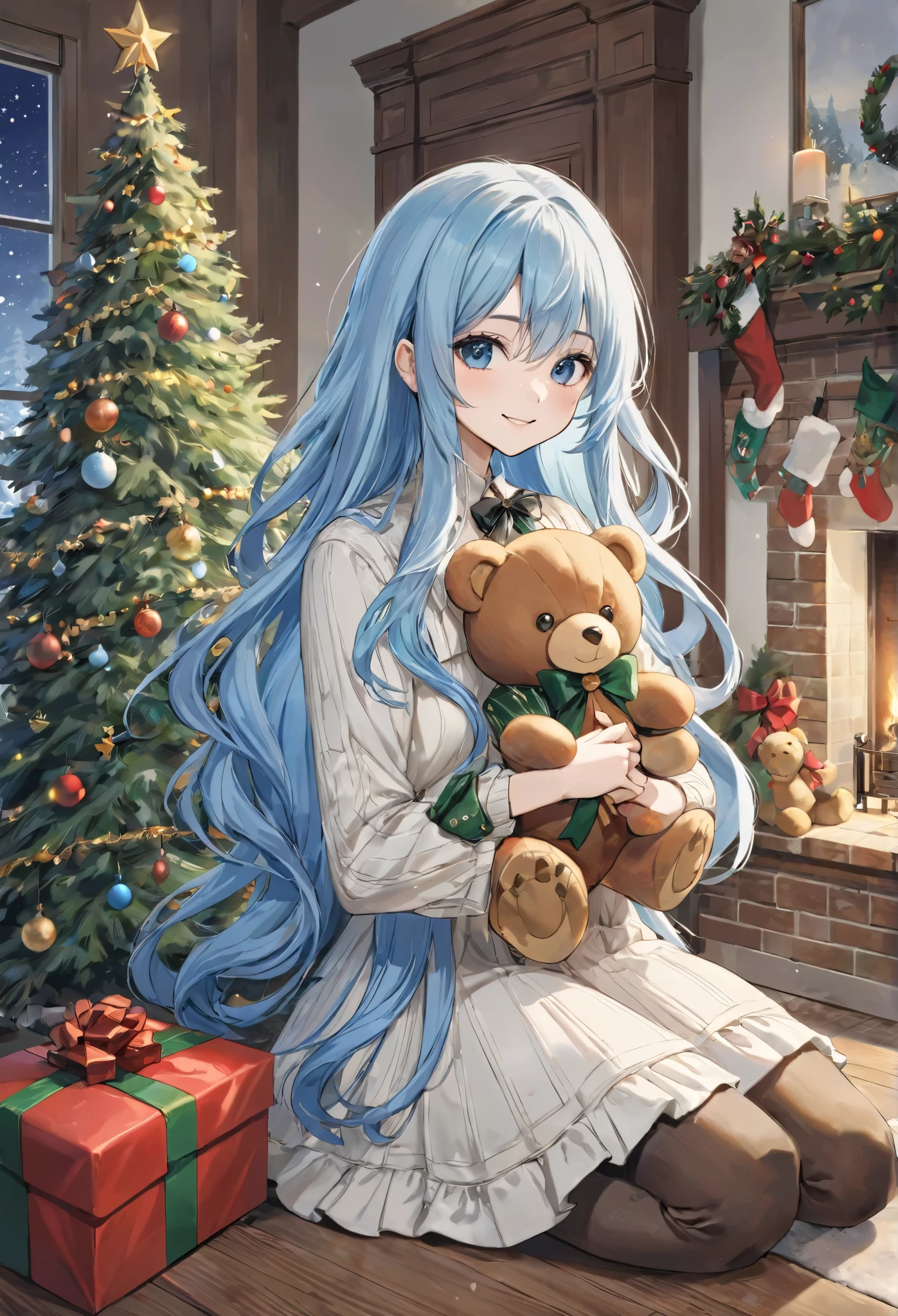 character with beautiful long light blue hair、Littlecter with beautiful long light blue hair smiling beside a big Christmas tree 、 holding the teddy bear as a gift 、Warm room with fireplace、 It's snowing outside the window