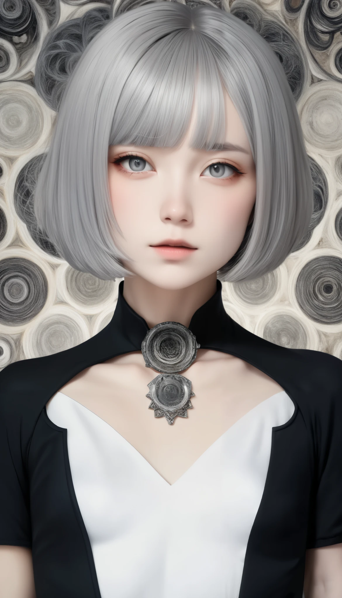 ((wallpaper 8k)), ((  surreal)), ((  Quality that shines with attention to detail:1.2)),   1 girl, １４、Kind eyes、    plump lips 、 gray hair 、Fatigue、(((  small breasts)))、Black Classy Dress  ,  black capelet  ,   looks up, Widespread poverty, (((   short bob、 gray hair :1.5)))、  white skin、 plain background