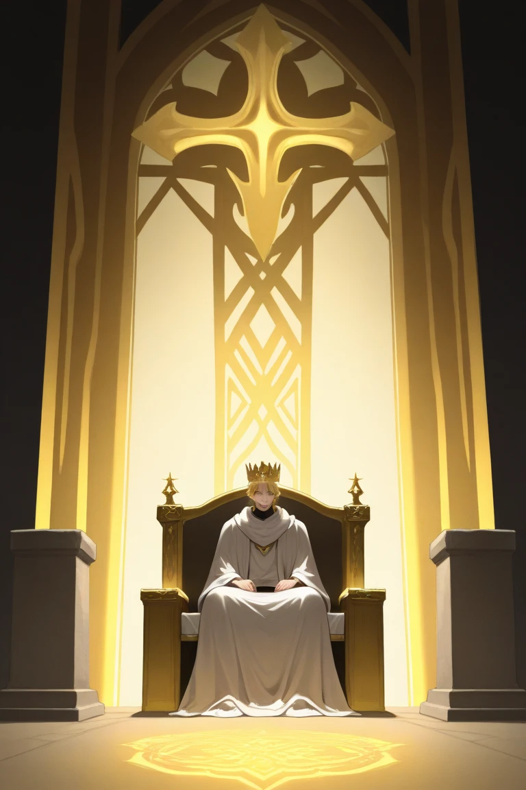  create an image for the cover of an anime-style book,  of a man sitting on a throne wearing king's robes , A golden crown ,  and two stone golems next to his throne ,  this king has to be imposing ,  with a golden aura around his body , He is the king of the golems 