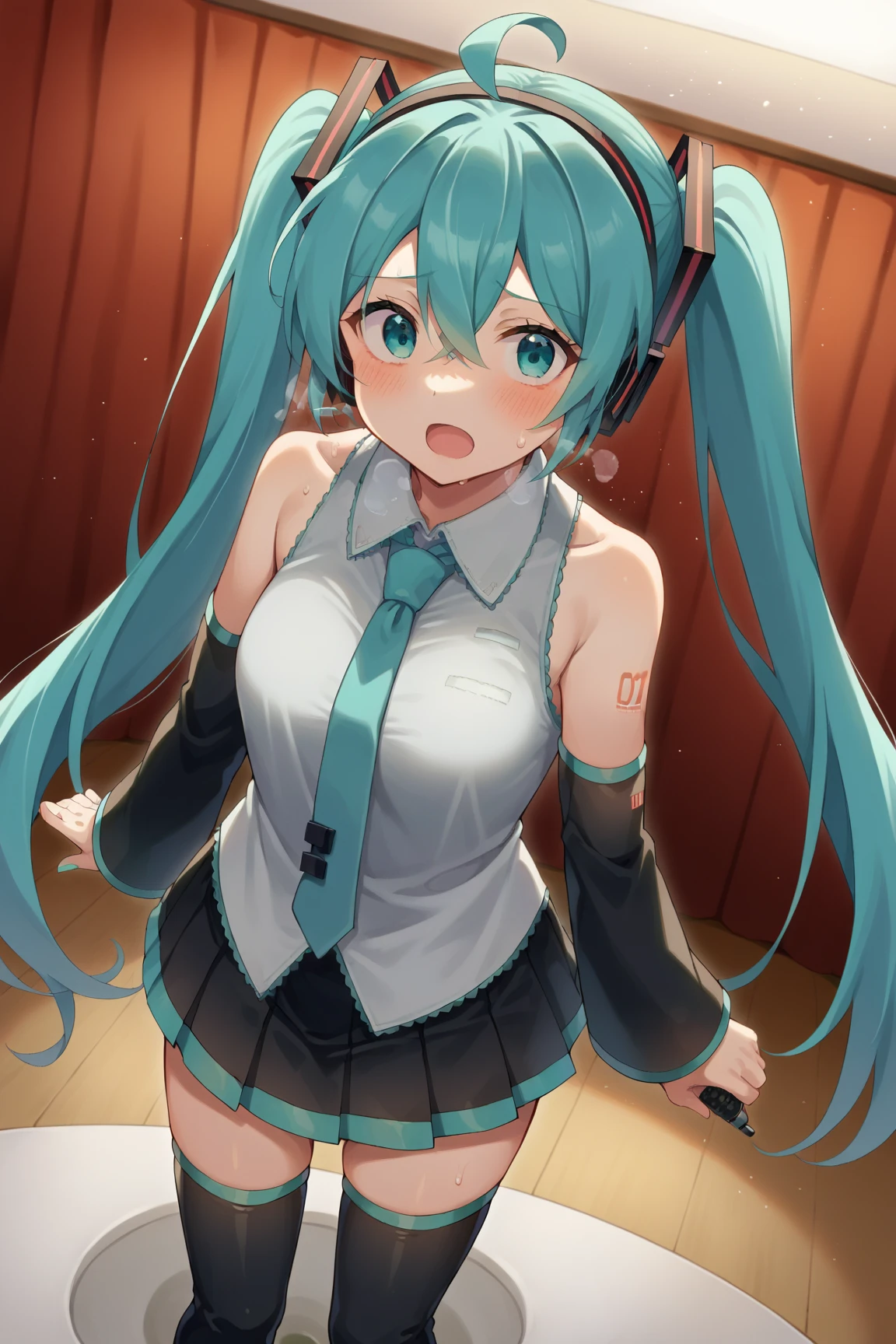 score_9, score_8_up, score_7_up, source_anime,
mikuhatsune, Miku Hatsune, ahoge, aqua eyes, aqua hair, crossed bangs, hair between eyes, hair ornament, headphones, long hair, twintails, mature female,
aqua necktie, black footwear, black skirt, black sleeves, boots, collared shirt, detached sleeves, grey shirt, necktie, pleated skirt, shirt, skirt, sleeveless, sleeveless shirt, thigh boots, tie clip,
indoors, stage, stage lights, concert, microphone, holding microphone, audience, singing,
looking at viewer, dutch angle, cowboy shot,  with a little bit of sadness,  with a little bit of sadness,  blush,  open her mouth ,  anime style, Lots of sweat, lots of , take off underwear, open your legs, breathe, And masturbate the background is private room semen in the toilet 恥ずかしい表情 光のない瞳