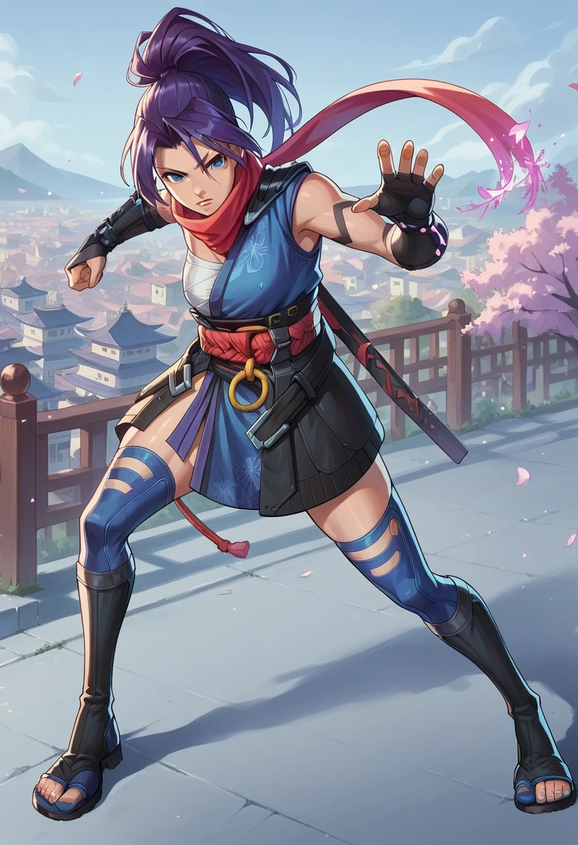 1girl, high ponytail, purple hair, blue eyes, ninja, sleeveless, scarf, asymmetrical clothes, japanese clothes, chest sarashi, obi, o-ring, gauntlets, fingerless gloves, thighhighs, toeless footwear, tabi, city background, sexy, showing booty, looking at viewer, kicking, score_9, score_8_up, score_7_up, score_6_up, score_5_up, score_4_up, BREAK source_anime, masterpiece