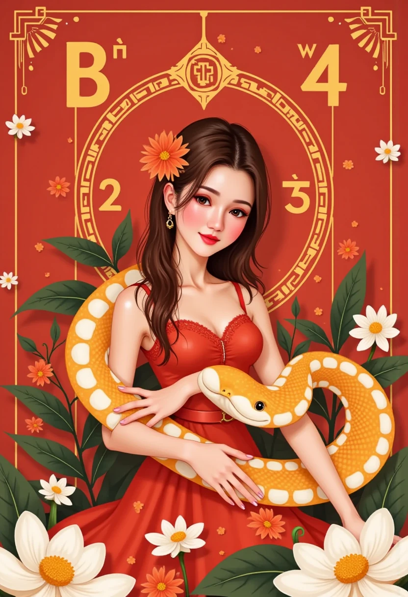 The snake and Lisamy, beautiful woman bends into the numbers "BEP 4.0 CHUC TET AT TY 2025," Lisamy,
creating a Vietnamese New Year atmosphere. This illustration adopts a flat and colorful style with geometric patterns. the lines and shapesare eye-catching,the color matching is full of vitality,the cartoon image incorporates traditional artistic elements,and the expression is liveIy,red,