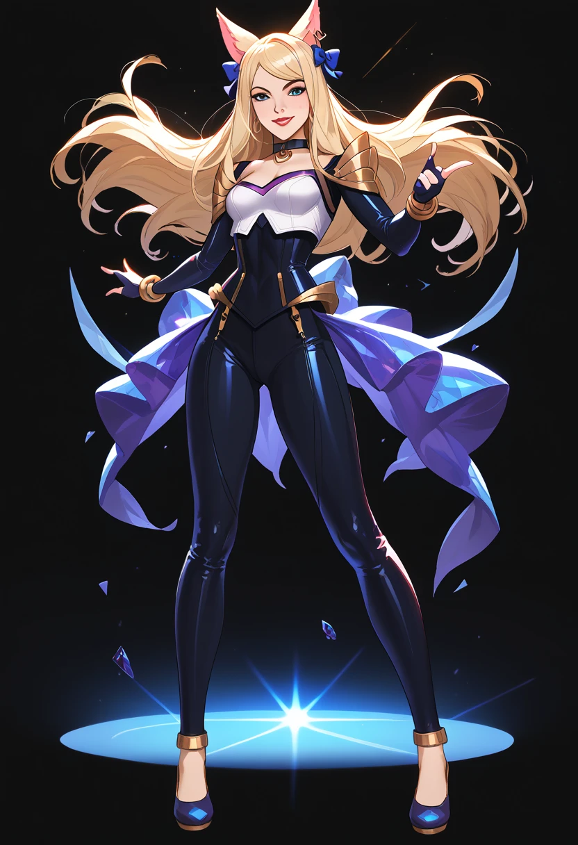 ((full body shot)) KDA Ahri LoL , ((character design sheet)), masterpiece, best quality, highly detailed, score_9, score_8_up, score_7_up, score_6_up, anime font,BREAK , 2girl, long hair, blue eyes, hair bow, small breasts, bow, looking at viewer, freckles, parted lips, smile, full body, red lips, lips, side front, she looks at you, your gauze hurts, fishnets, white background, neutral cast, dance pose, shoulder pads, dominatrix, leather ballet slipper , gold, gloves

