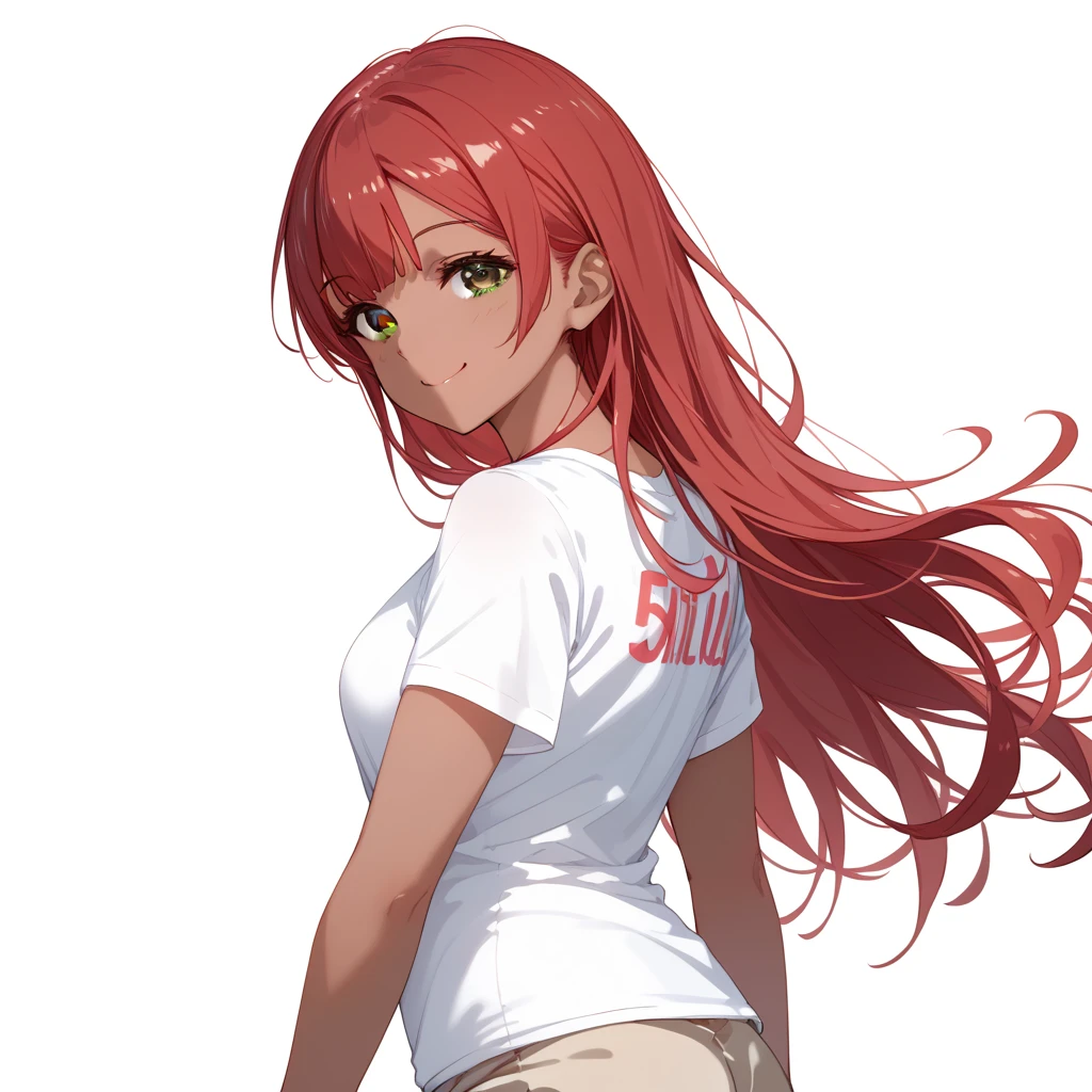  1 female,  delicate face ,  beautiful,  white t-shirt , standing, white background, bewitching thighs, back, Turn back , about,  upper body ,  portrait, slight smile, dark black skin, African American, femenino, femenino,  long hair dark gray black,  red hair,  cheerful expression, brown eyes,  white background,  sleeveless t-shirt , beige shorts,  Bicolor Hair , sleeveless t-shirt 