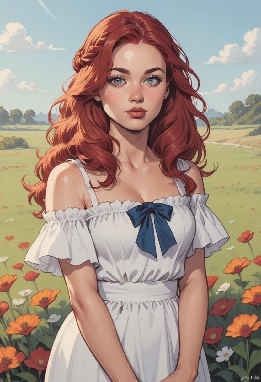 score_9, score_8_up, score_7_up, Western Comics, Cowboy Shot, girl, cute, seductive, innocent, light smile:0.3, plump lips, slender body, red hair, in white long summer dress, in the field of flowers, style of dark orange and dark aquamarine, moonlit, depth of field, dynamic angle, fashion photography, sharp, hyperdetailed:1.15