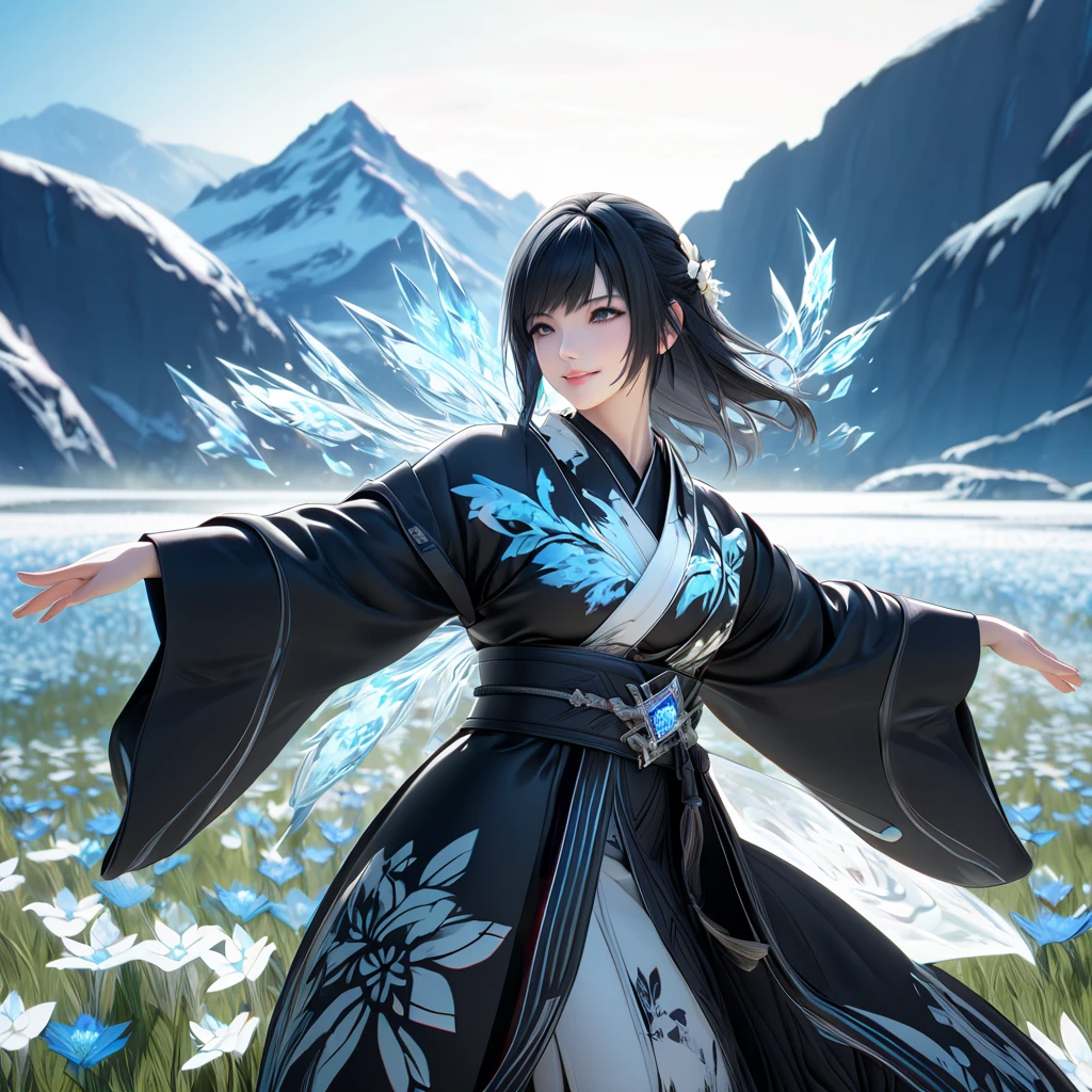 a woman wearing a black kimono with white flower designs on the kimono, long-sleeved kimono, large breasts, with an aura of ice, ice effect on the spot, standing on a lawn with a wide view of the lawn, mountain in the background, vision to the sky, black hair, black eyes, smiling, perfect lips, perfect face,(Final_fantasy_XV, Gentiana.)drop shadow, anaglyph, 8k, super detail, best quality, UHD, masterpiece, masterpiece, super detail, high quality

