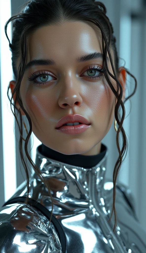 ((top-quality)), ((​masterpiece)), (detaileds:1.4), 3D, Beautiful Cyberpunk Woman Image,HDR(HighDynamicRange),Ray traching,NVIDIA RTX,Hyper-Resolution,Unreal 5,sub-surface Scattering,PBR Texturing,Postprocess,Anisotropy Filtering,depth of fields,Maximum clarity and sharpness,multi-layer texture,Albedo and specular maps,Surface Shading,Accurate simulation of light-material interactions,perfectly proportions,Octane Rendering,Two-tone lighting,Wide aperture,Low ISO,White Balance,thirds rule,8K RAW,Circuit Board AI,Silver Body、Metallic body