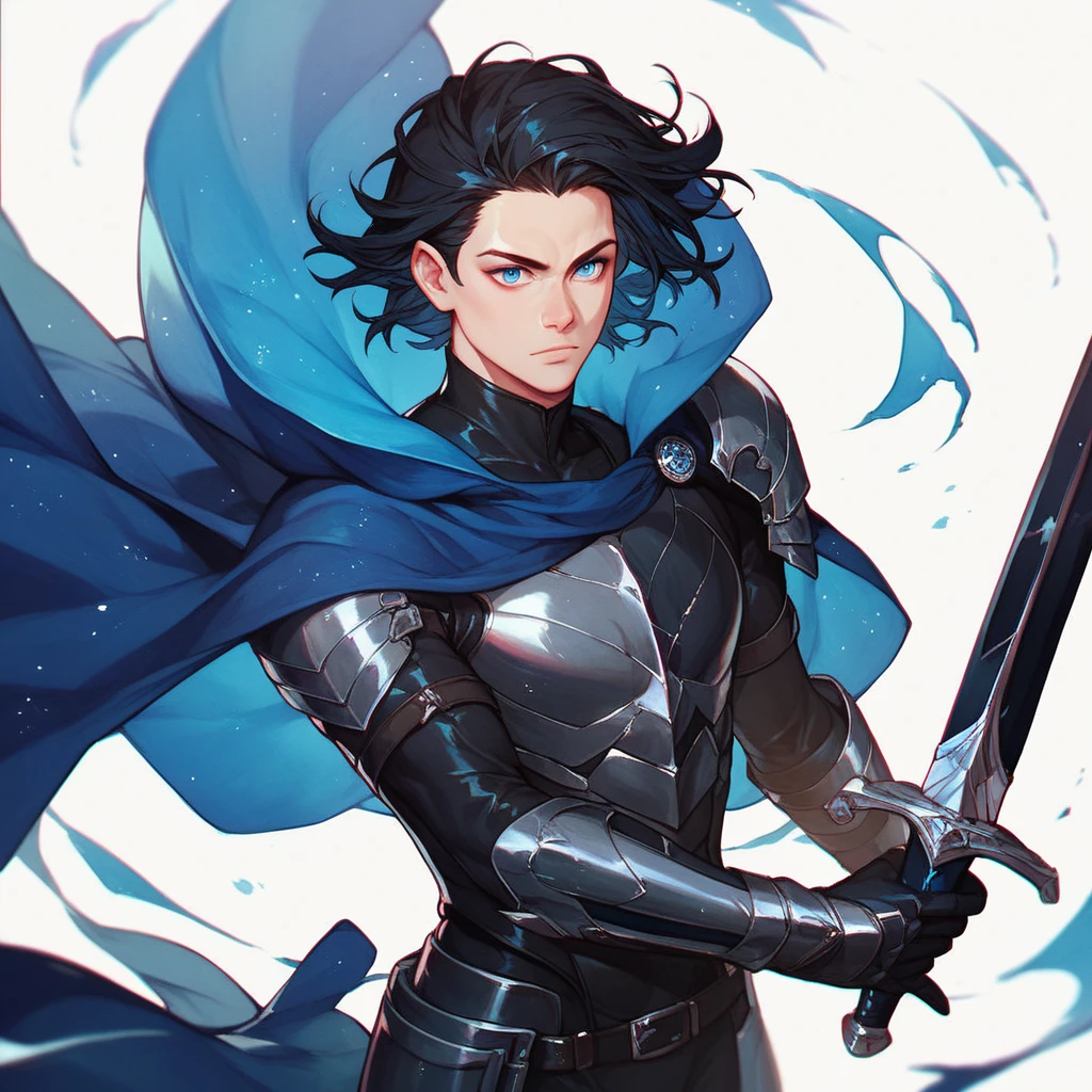 Solo-man ,  medium-length black hair , Blue eyes, black armor.,  blue starry cloak , ( holding a black sword:1.3),  white background 