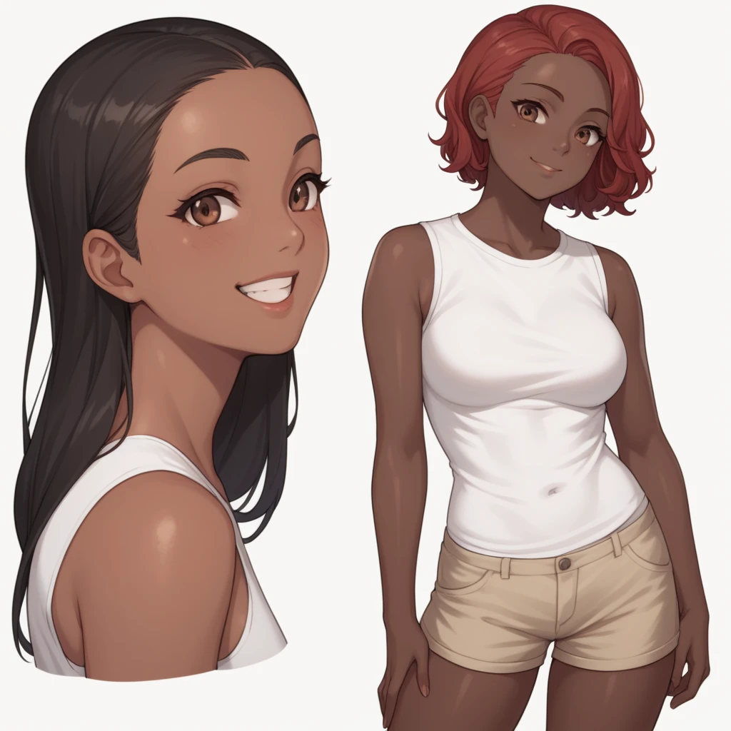  1 female,  delicate face ,  beautiful,  white t-shirt , standing, white background, bewitching thighs, back, Turn back , about,  upper body ,  portrait, slight smile, dark black skin, African American, femenino, femenino,  long hair dark gray black,  red hair,  cheerful expression, brown eyes,  white background,  sleeveless t-shirt , beige shorts,  Bicolor Hair , sleeveless t-shirt 