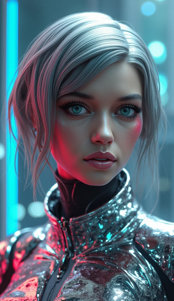 ((top-quality)), ((​masterpiece)), (detaileds:1.4), 3D, Beautiful Cyberpunk Woman Image,HDR(HighDynamicRange),Ray traching,NVIDIA RTX,Hyper-Resolution,Unreal 5,sub-surface Scattering,PBR Texturing,Postprocess,Anisotropy Filtering,depth of fields,Maximum clarity and sharpness,multi-layer texture,Albedo and specular maps,Surface Shading,Accurate simulation of light-material interactions,perfectly proportions,Octane Rendering,Two-tone lighting,Wide aperture,Low ISO,White Balance,thirds rule,8K RAW,Circuit Board AI,Silver Body、Metallic body