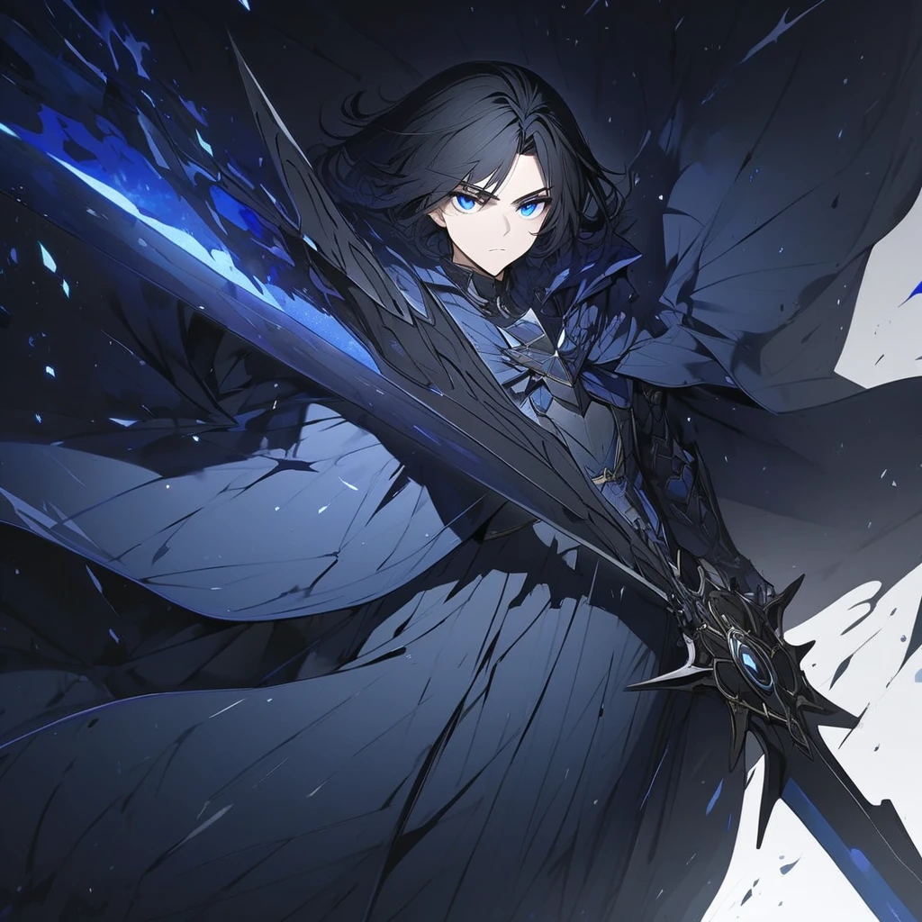 Solo-man ,  medium-length black hair , Blue eyes, black armor.,  blue starry cloak , ( holding a black sword:1.3),  white background 