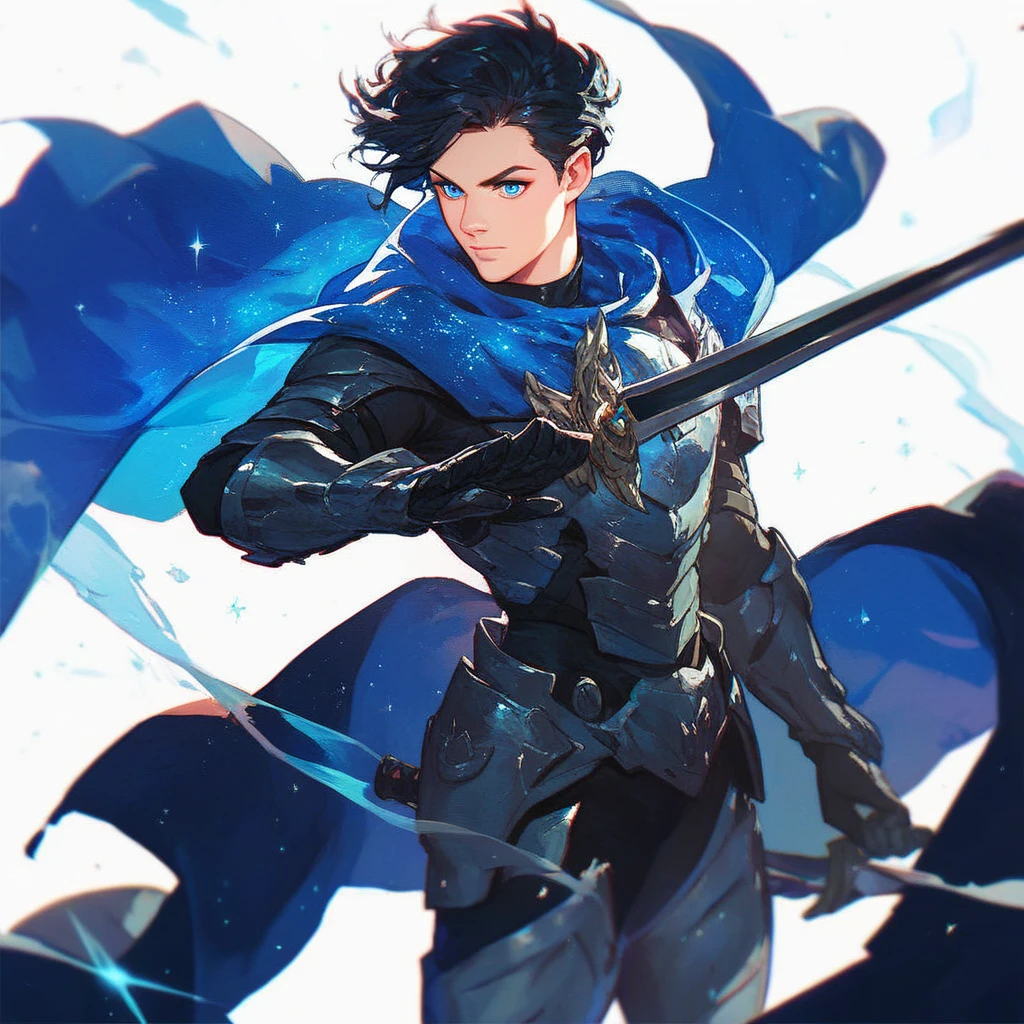 Solo-man ,  medium-length black hair , Blue eyes, black armor.,  blue starry cloak , ( holding a black sword:1.3),  white background 