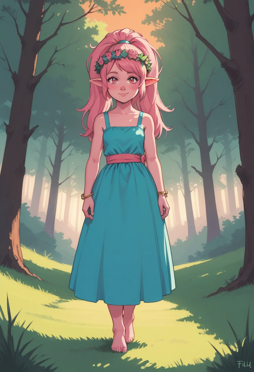 score_9, score_8, BREAK, solo, Poppy_(\Trolls\), pink skin, pink hair, pink nose, ponytail, pink eyes, pointy ears, bracelet, hair flower, head wreath, cyan dress, barefoot, sexy pose, self portrait, smile, outdoors, sunlight, shadows, evening lighting, natural lighting, forest, trees, grass, orange sky, sunset