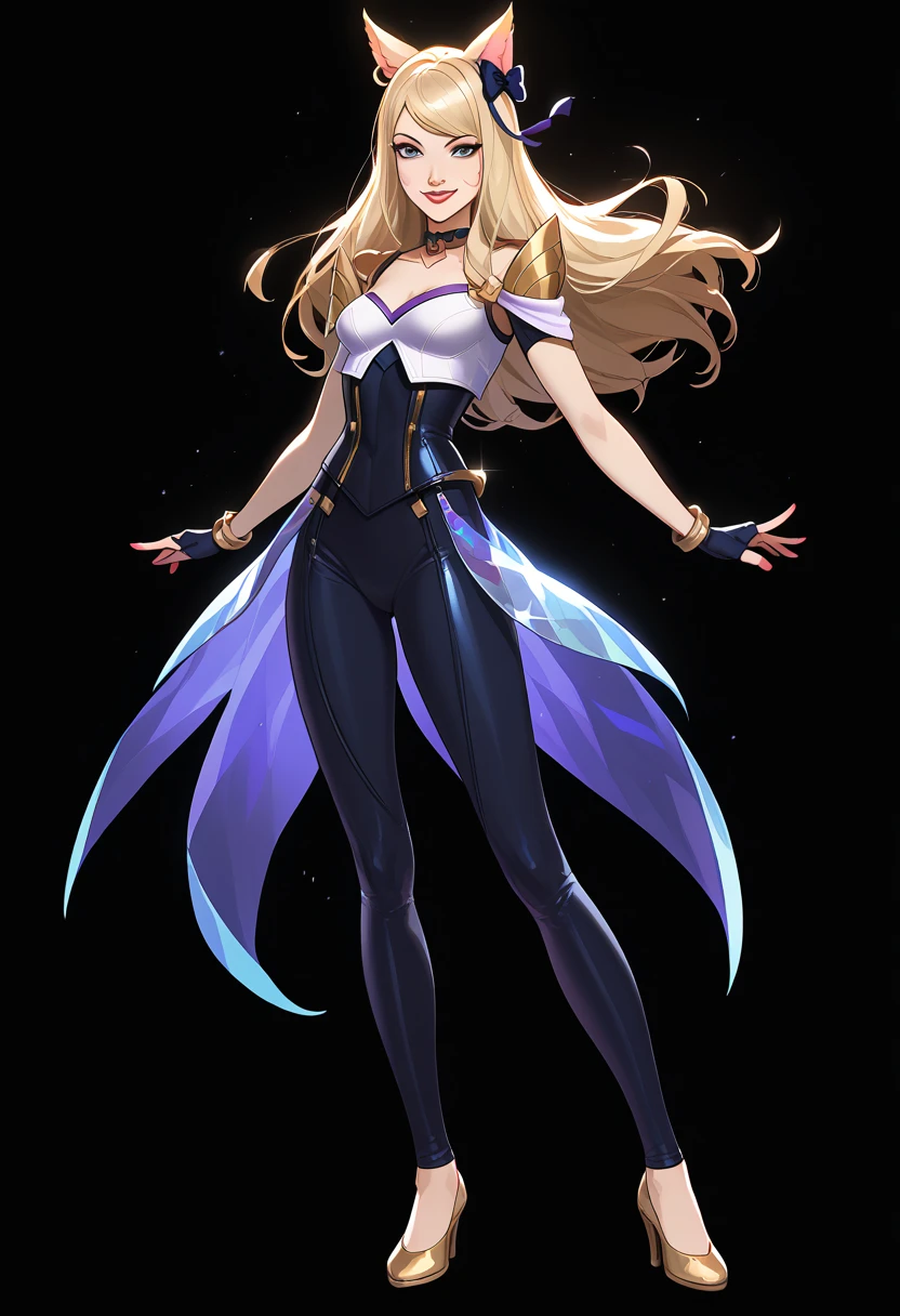 ((full body shot)) KDA Ahri LoL , ((character design sheet)), masterpiece, best quality, highly detailed, score_9, score_8_up, score_7_up, score_6_up, anime font,BREAK , 2girl, long hair, blue eyes, hair bow, small breasts, bow, looking at viewer, freckles, parted lips, smile, full body, red lips, lips, side front, she looks at you, your gauze hurts, fishnets, white background, neutral cast, dance pose, shoulder pads, dominatrix, leather ballet slipper , gold, gloves

