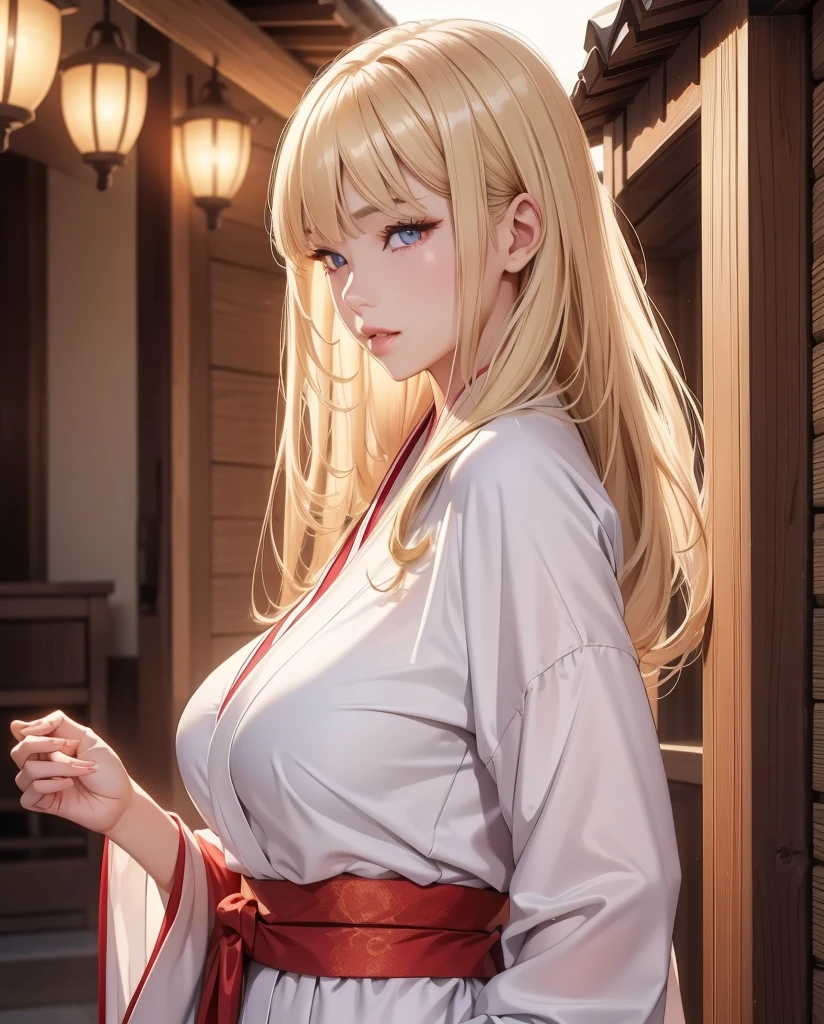  a beautiful girl,  blond hair ,   ruby eyes  ,    glowing eyes  , sexy white kimono outfit, closed lips    ,   long hair,   high resolution,  looking at the camera, breasts, cuerpo completo 