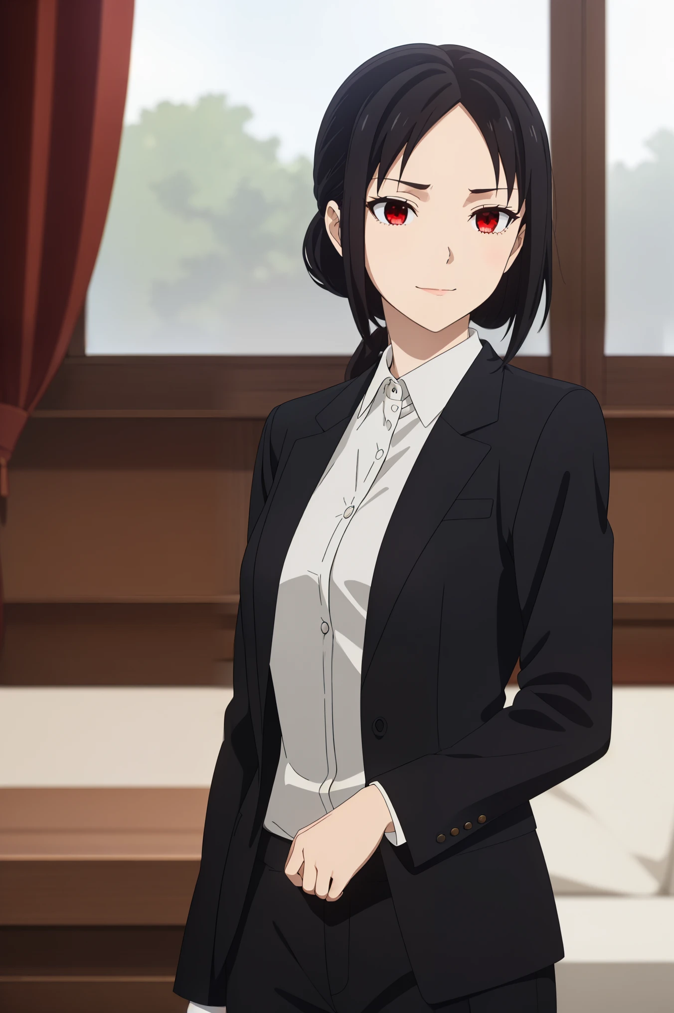 best quality, (masterpiece:1.2), detailed,
shinomiya kaguya,
1girl, solo, closed mouth, light smile,
black hair, red eyes, short hair, folded ponytail, hair ribbon,
Kaguya shinomiya, ((masterpiece, best quality)), (((extremely detailed, intricate details, lush detail, insanely detailed face, beautiful red eyes, shiny skin, sharp eyes))), ((Indoors, dramatic shadows, vibrant colors, backlighting, depth of field, highleg, contrapposto)), (((solo, 1girl, shadow over face, shaded face, glowing red eyes))), ((black hair, medium breasts)) woman in formal attractive suit tuxedo tailcoat standing in a large alcove in the room, 1girl, solo, necktie, black hair, red eyes,, smile, jacket, looking at viewer, shirt, pants, blue necktie, collared shirt, white pants, white shirt, indoors, bangs, long sleeves, closed mouth, window, black jacket, blush, cowboy shot, formal, suit , badass